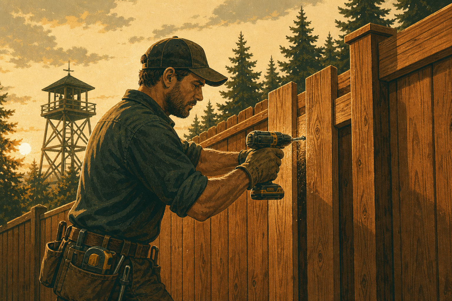 Above All craftsman building a cedar fence at golden hour